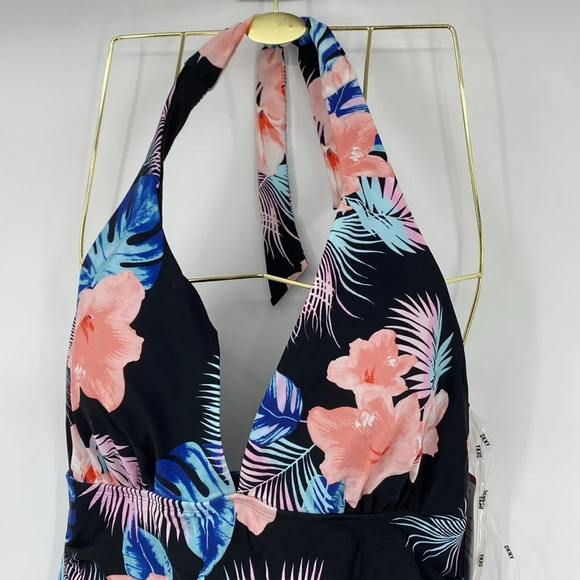 DKNY One Piece Swimsuit Women Size XL Black Pink Floral Halter Tie Neck Swimwear - Picture 4 of 10
